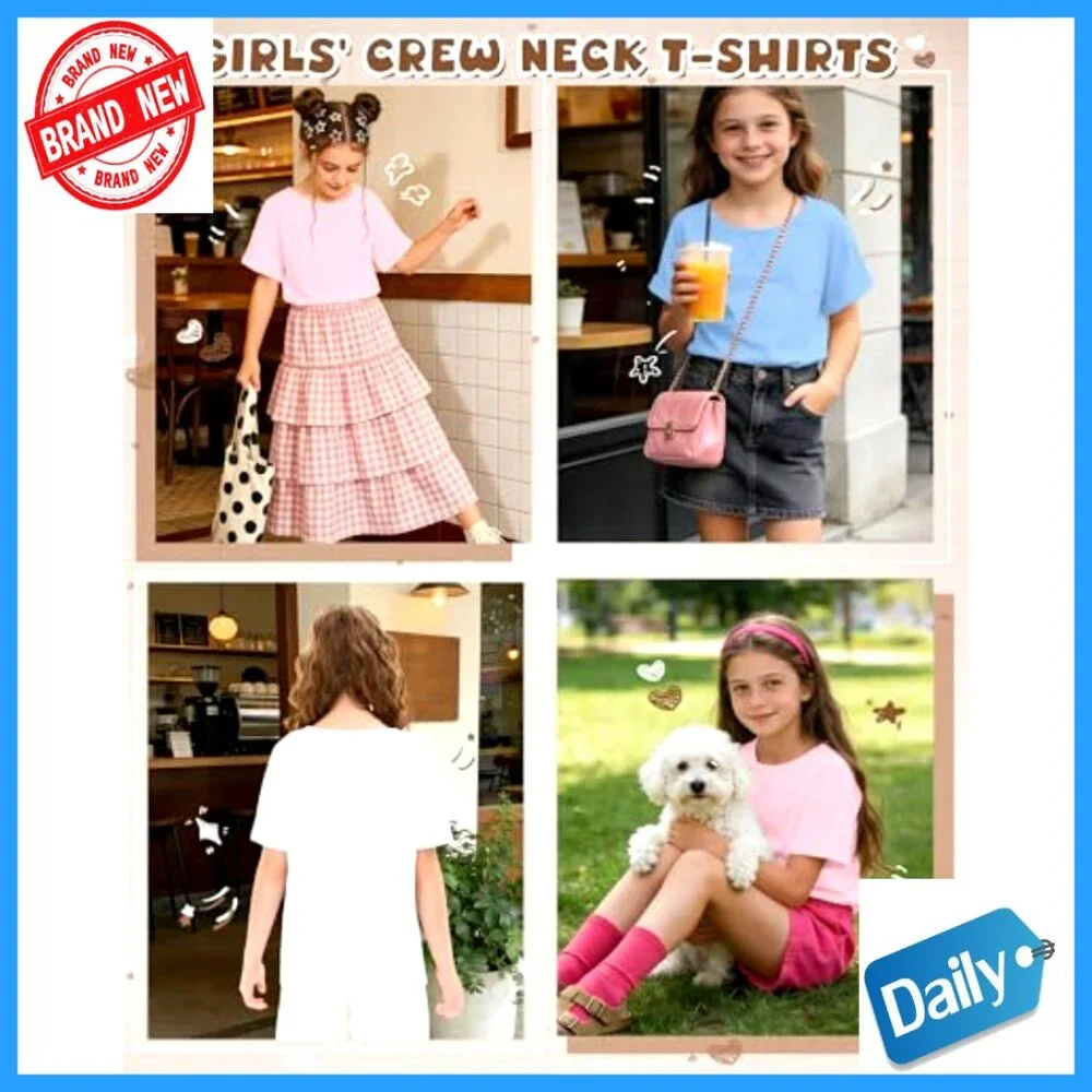 Girls 3 Pack Short Sleeve Tees Loose Fit Crew Neck Rolled Cuff Tops